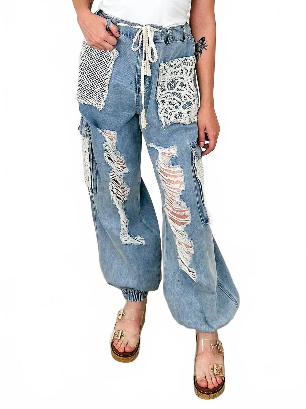 NEW POL doing perfect high-rise cotton cargo joggers in denim